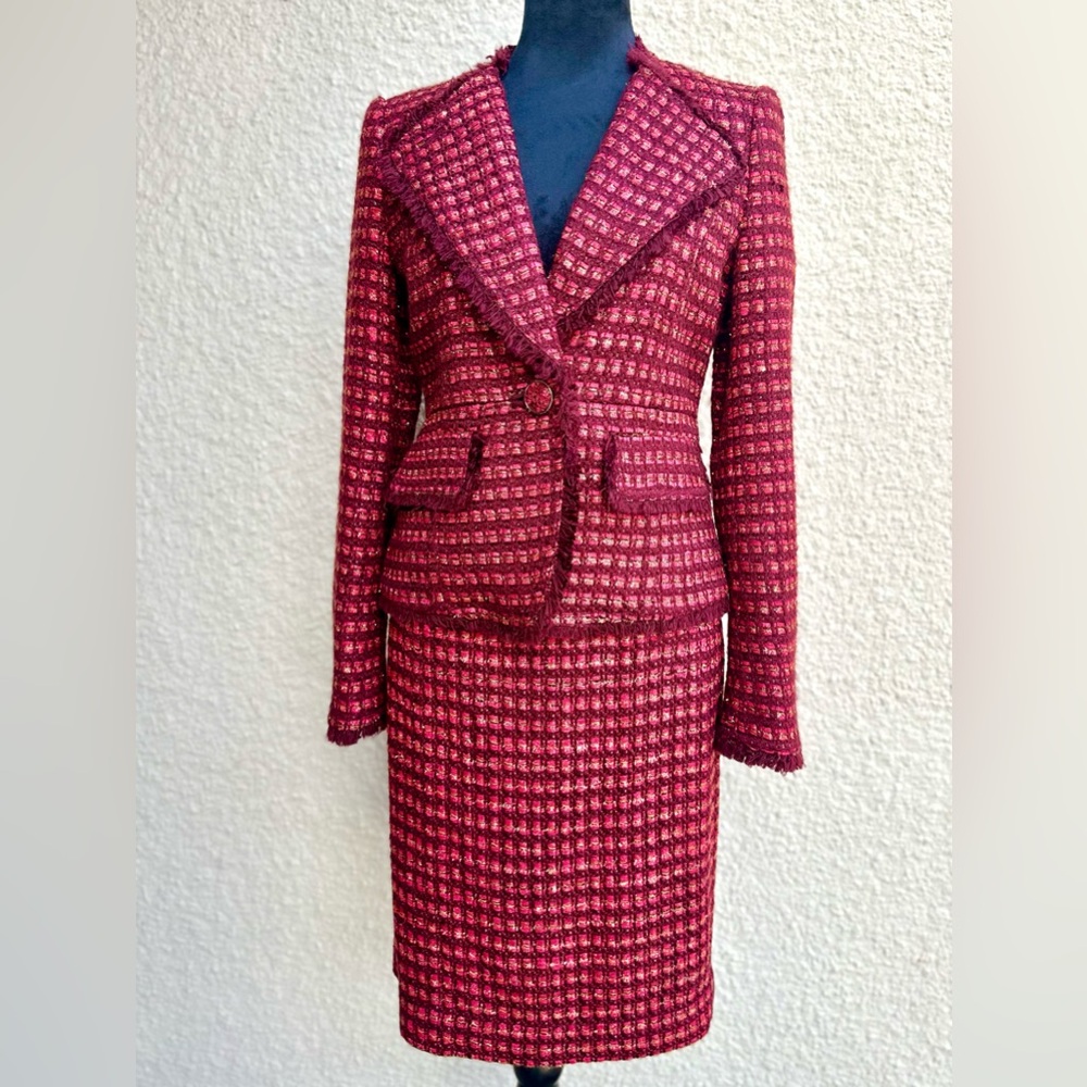 Tory Burch Set Victory Burgundy Metallic Tweed Blazer Jacket skirt set size 2